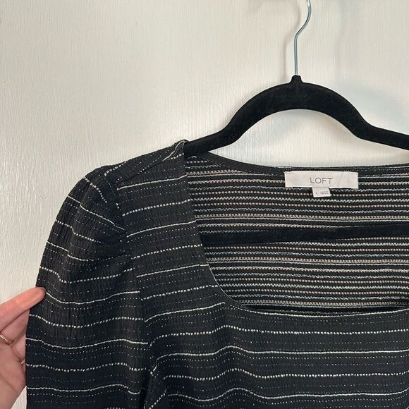 Loft Black and Silver Shimmer Puff Sleeve Square Neck Striped Women's Top Size L - Picture 2 of 9